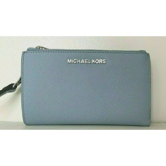 New Michael Kors Jet Set Travel Double zip wristlet wallet Leather Powder Blue - Picture 3 of 7